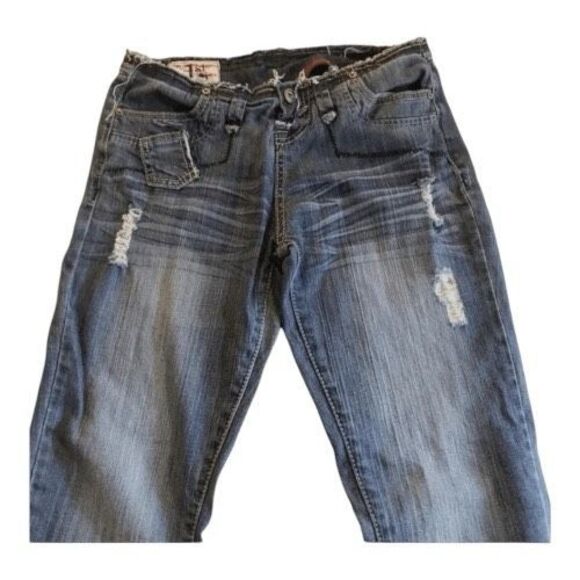 1st Kiss Stretch Distressed Blue Denim Jeans Juniors Size 5 Cotton Low Rise - Picture 2 of 12